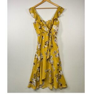 Romantic Socialite Floral Wrap Dress Women Medium Mustard Yellow High Low Ruffle